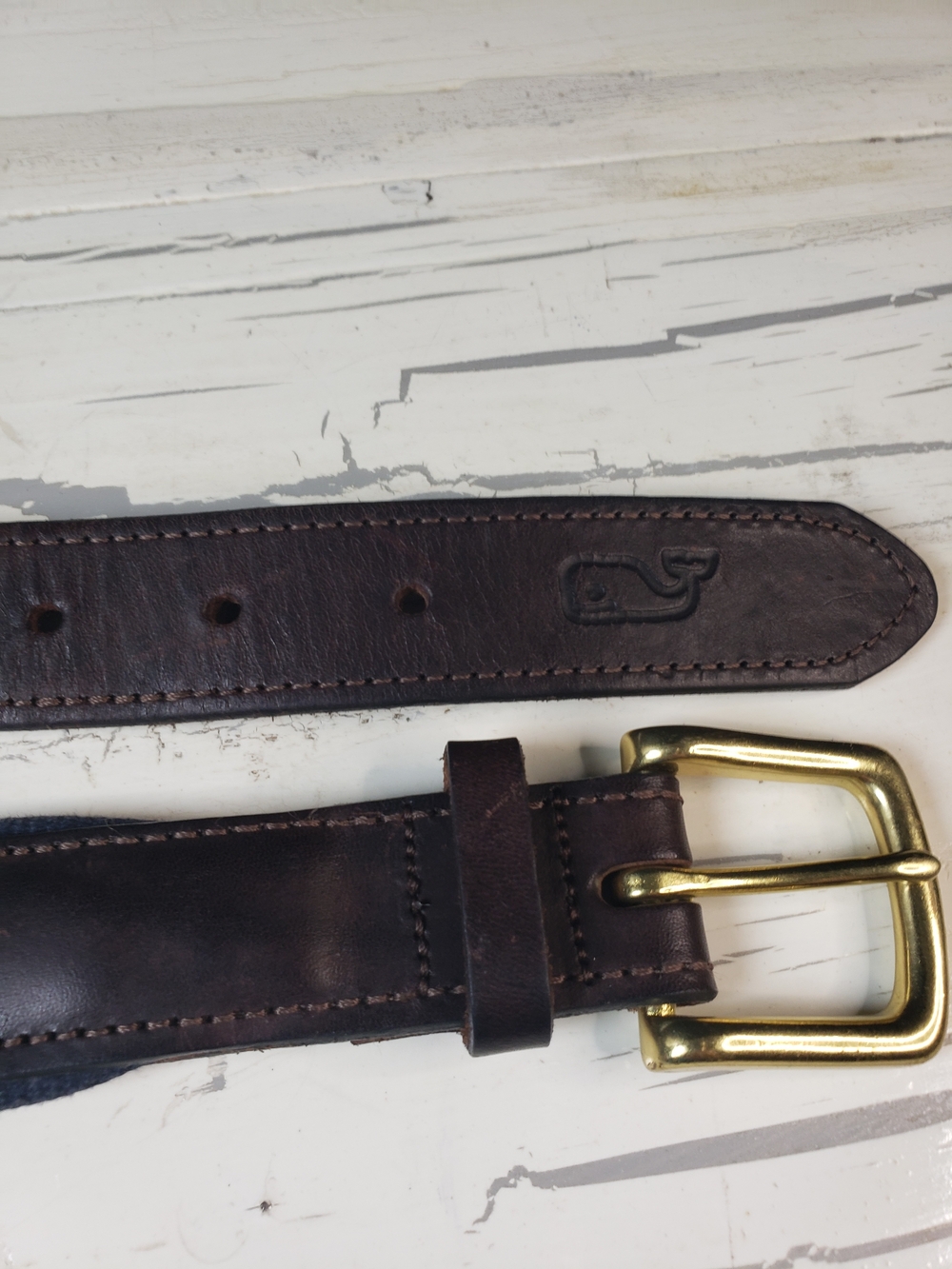 Vineyard Vines Navy Whale-Print Webbing Belt with Brown Leather - Picture 11 of 16